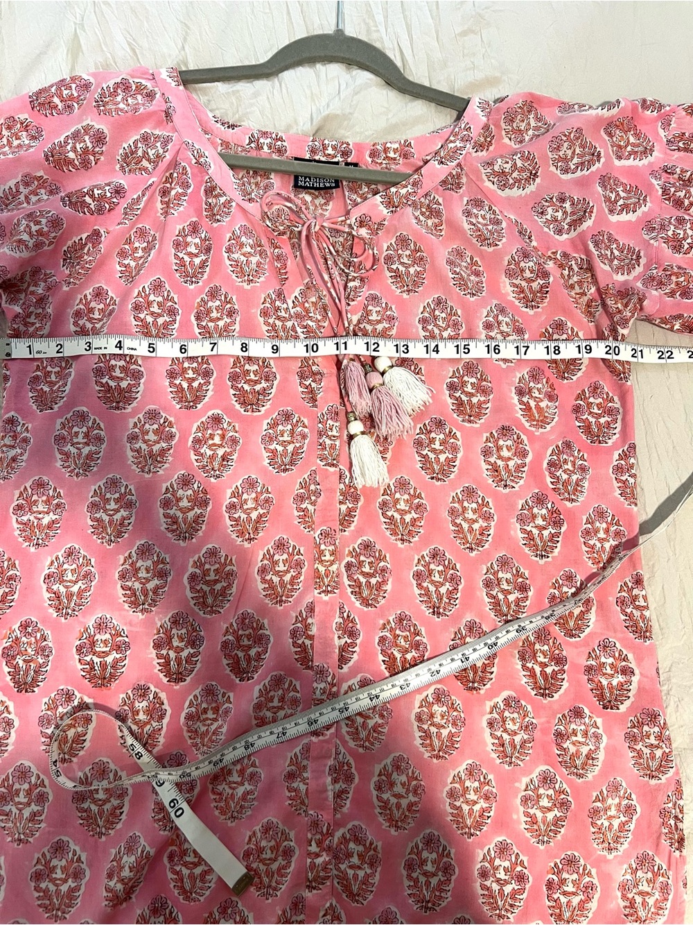 Madison Mathews Pink Tassel Tie 3/4 Sleeve Peasant Top SZ M EUC - Picture 7 of 8